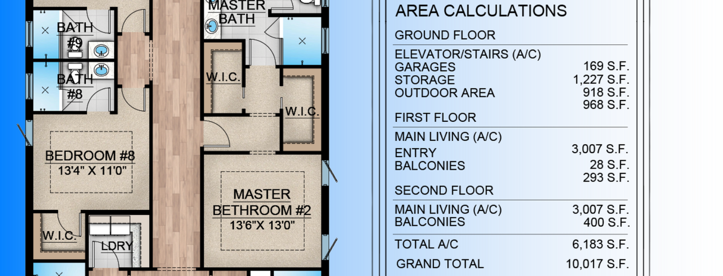 Second floor architectural plan of the Gulfside Estate showing upper-level bedrooms, loft spaces, balconies, and vertical circulation core.