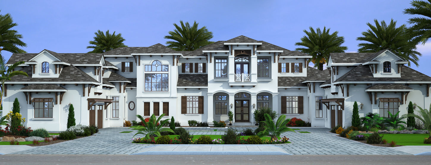 Architectural rendering of a custom luxury estate home showing symmetrical front elevation, multi-wing layout, and refined exterior detailing