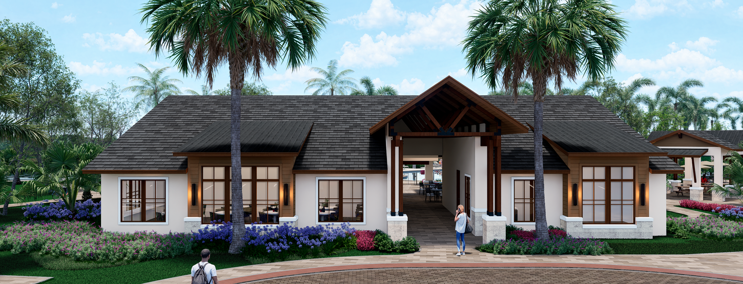 Front elevation of Turnleaf Amenity Center clubhouse in Punta Gorda, Florida, with timber entry portal, palm-lined approach, and paver drive loop.