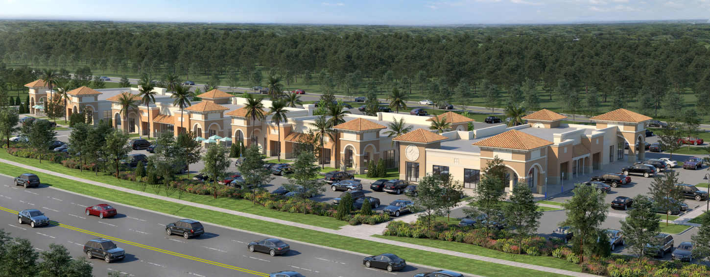 Aerial rendering of University Highlands retail center in Estero, Florida showing multi-tenant buildings, landscaped parking areas, and roadway frontage.