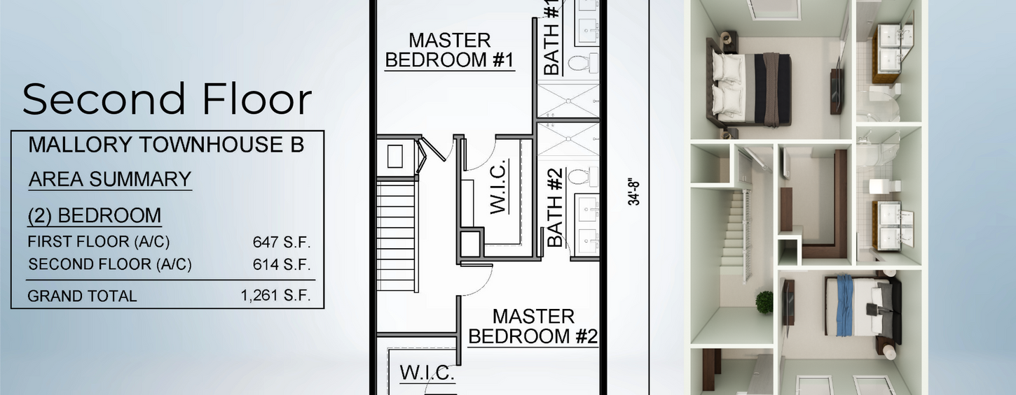 Second floor plan of Mallory Townhouse Plan B showing two master bedrooms and bathrooms.