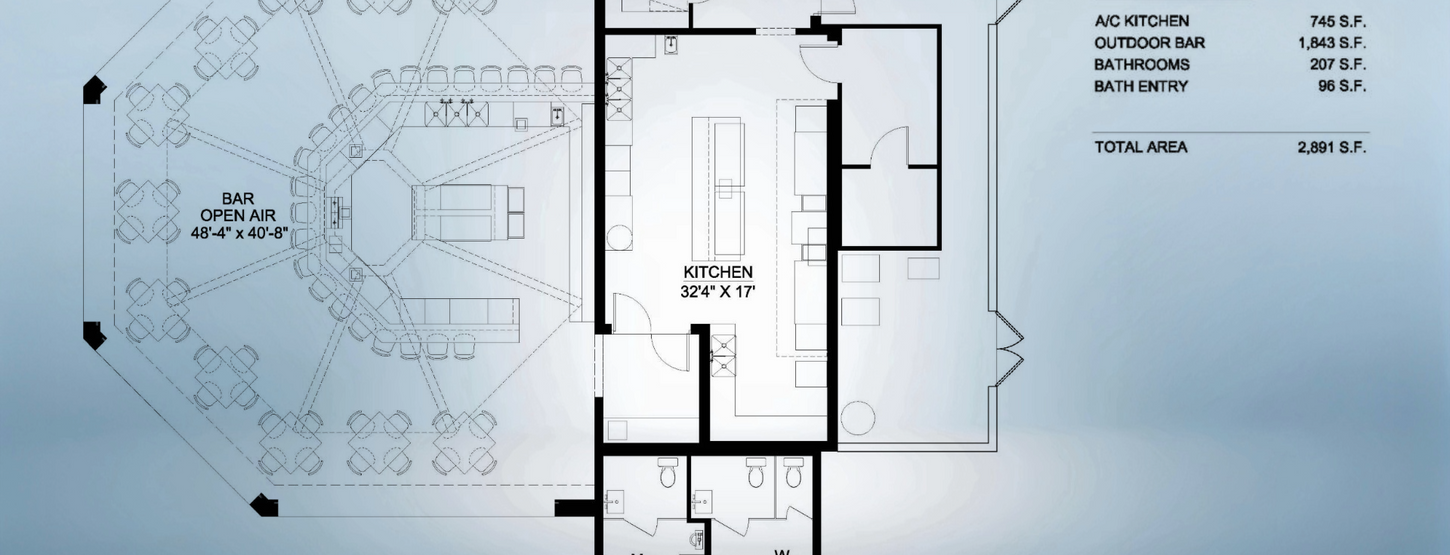 Outdoor bar pavilion floor plan showing open seating layout, central bar structure, kitchen support area, and adjacent restroom facilities.