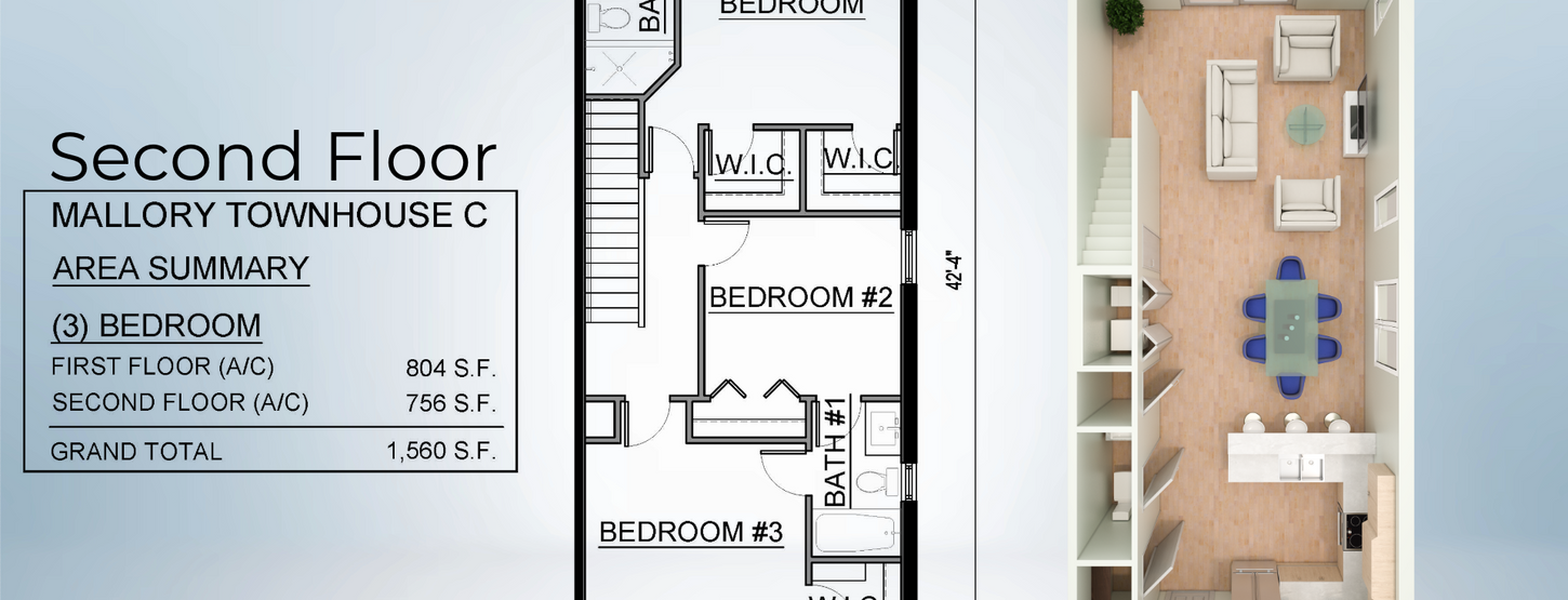 Second floor plan of Mallory Townhouse Plan C showing three bedrooms and multiple bathrooms.