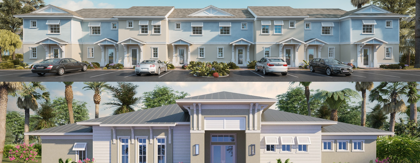 Mallory Townhomes clubhouse building in Fort Myers Florida with covered entry and landscaped grounds.