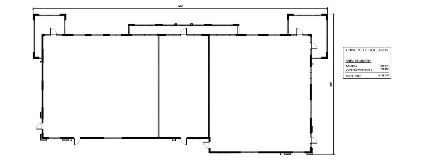 Architectural floor plan of University Highlands retail center in Estero, Florida showing multi-tenant layout and covered walkways totaling over 8,000 square feet.