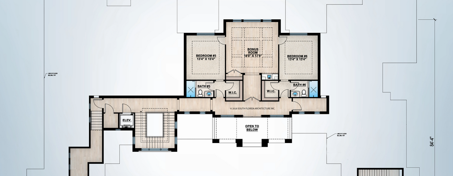 Second floor architectural plan showing bonus room, bedrooms, bathrooms, and open-to-below areas