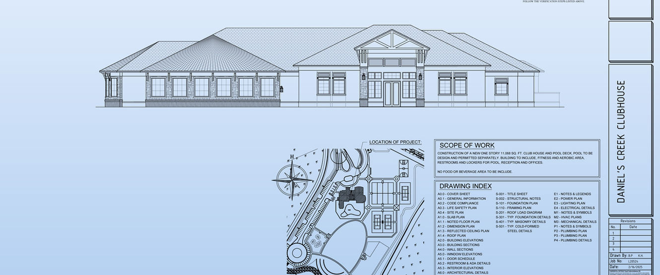 Architectural cover sheet for Daniel’s Creek Clubhouse showing front elevation, drawing index, and project location diagram prepared by South Florida Architecture.