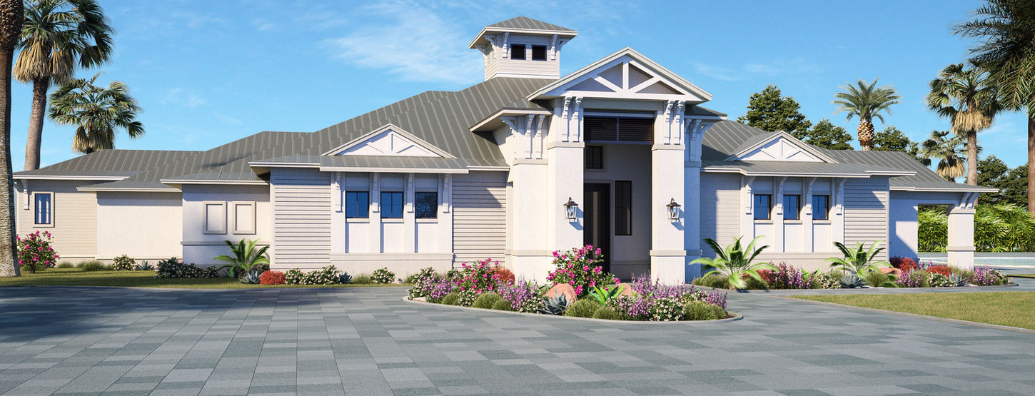 Fitness center exterior with shaded window awnings, articulated rooflines, and landscaped pedestrian approach.