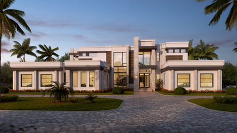 Modern luxury Carlisle Residence front elevation at sunset with elegant architecture and landscaped driveway.