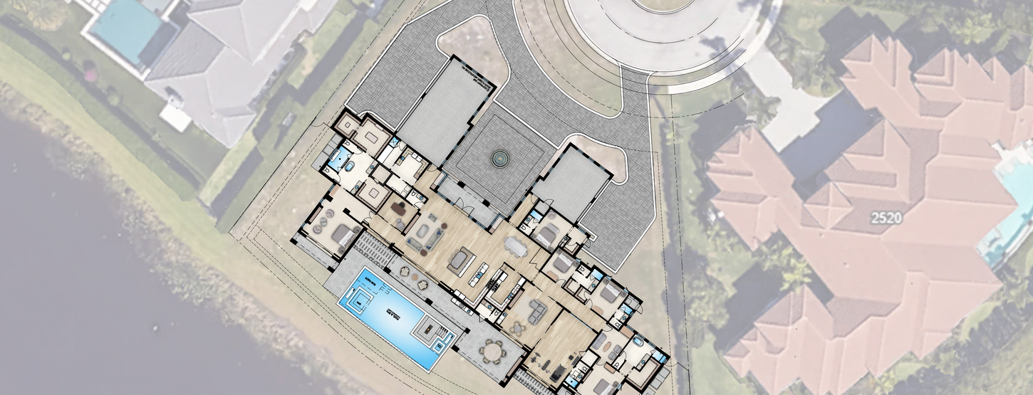 Architectural site plan of the Cypress Island Estate showing estate layout, driveway access, and waterfront positioning