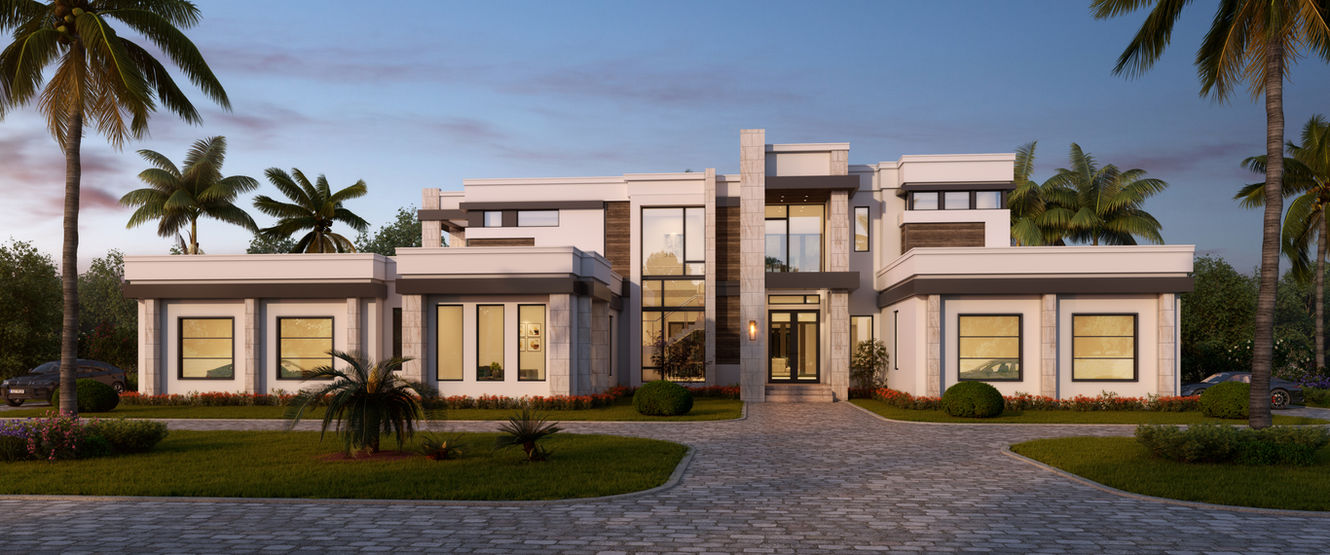 Modern front exterior rendering of a custom luxury residence with flat rooflines, large glazing, and contemporary detailing