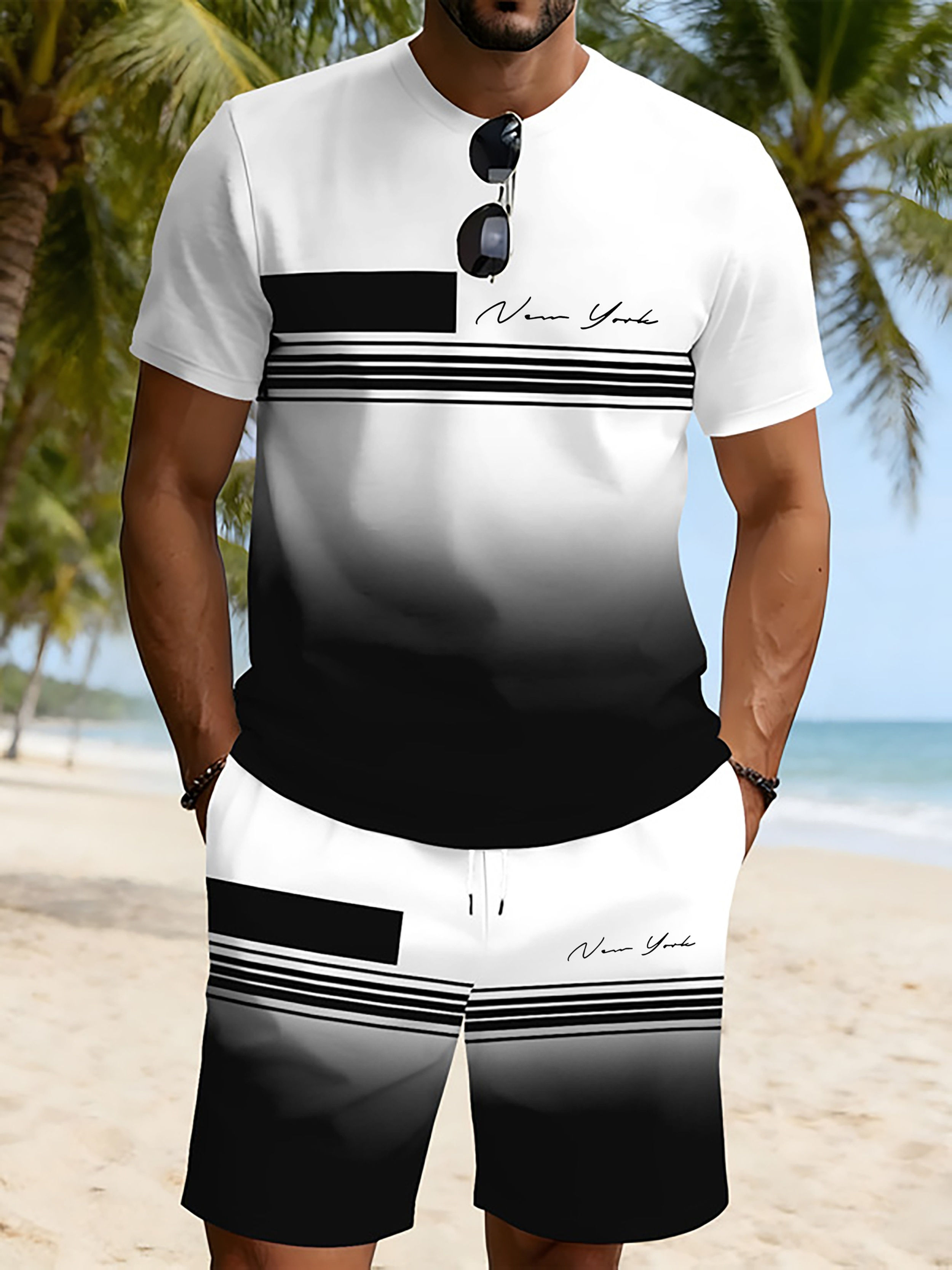 2026 Summer New Arrival Men's Casual Two-Piece Set Striped Print Short-Sleeve Sh