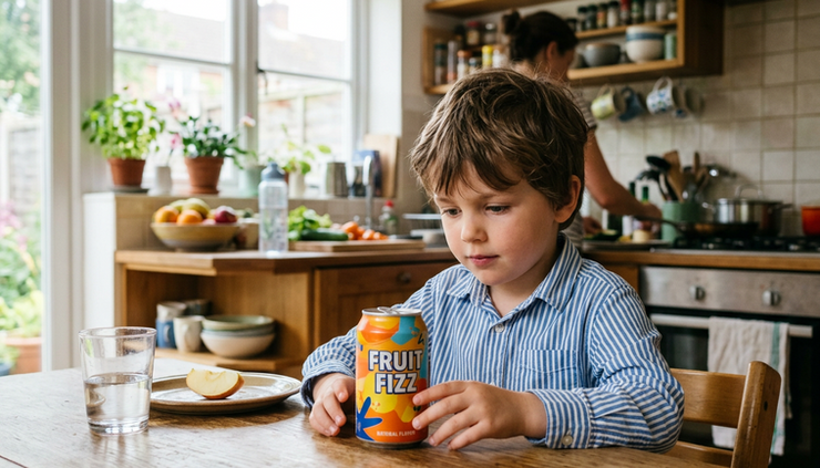 Eye-level view of a child looking at a can of soda on a kitchen table