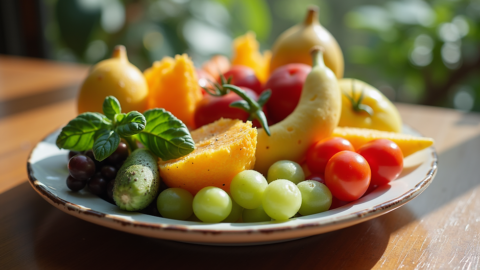 Close-up view of a colorful plate with various fruits and vegetables