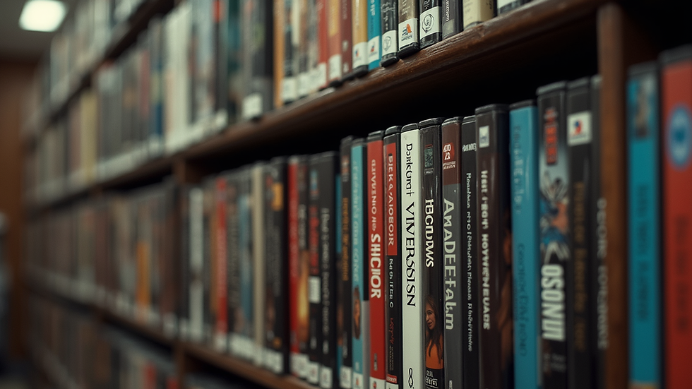 Eye-level view of a neatly organized shelf filled with classic movie DVDs