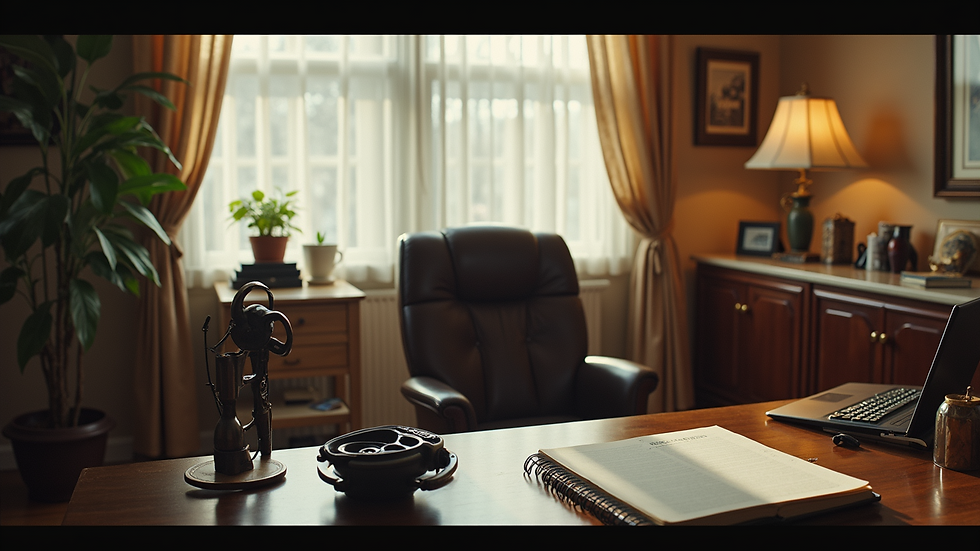 High angle view of a cozy home office with classic movie memorabilia
