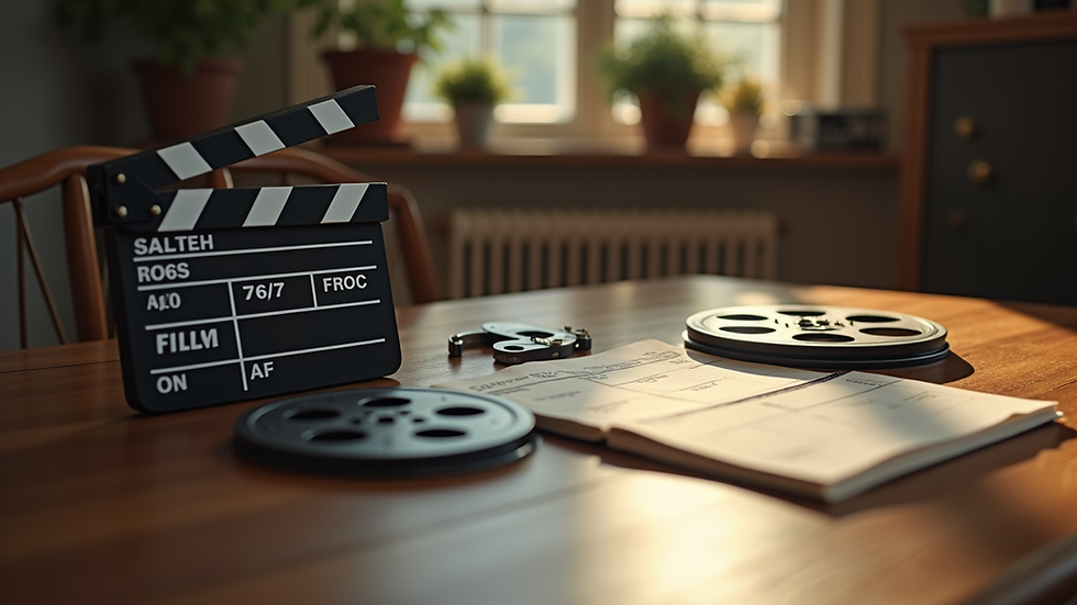 Close-up view of a vintage film reel and clapperboard on a wooden table