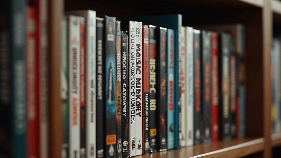 Close-up view of a classic movie DVD collection on a wooden shelf