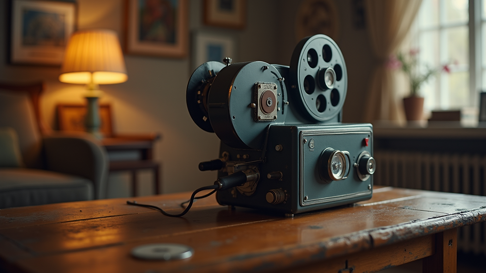 Eye-level view of a vintage movie projector on a wooden table