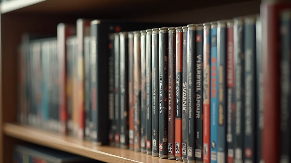 Close-up view of a neatly organized DVD collection on a wooden shelf