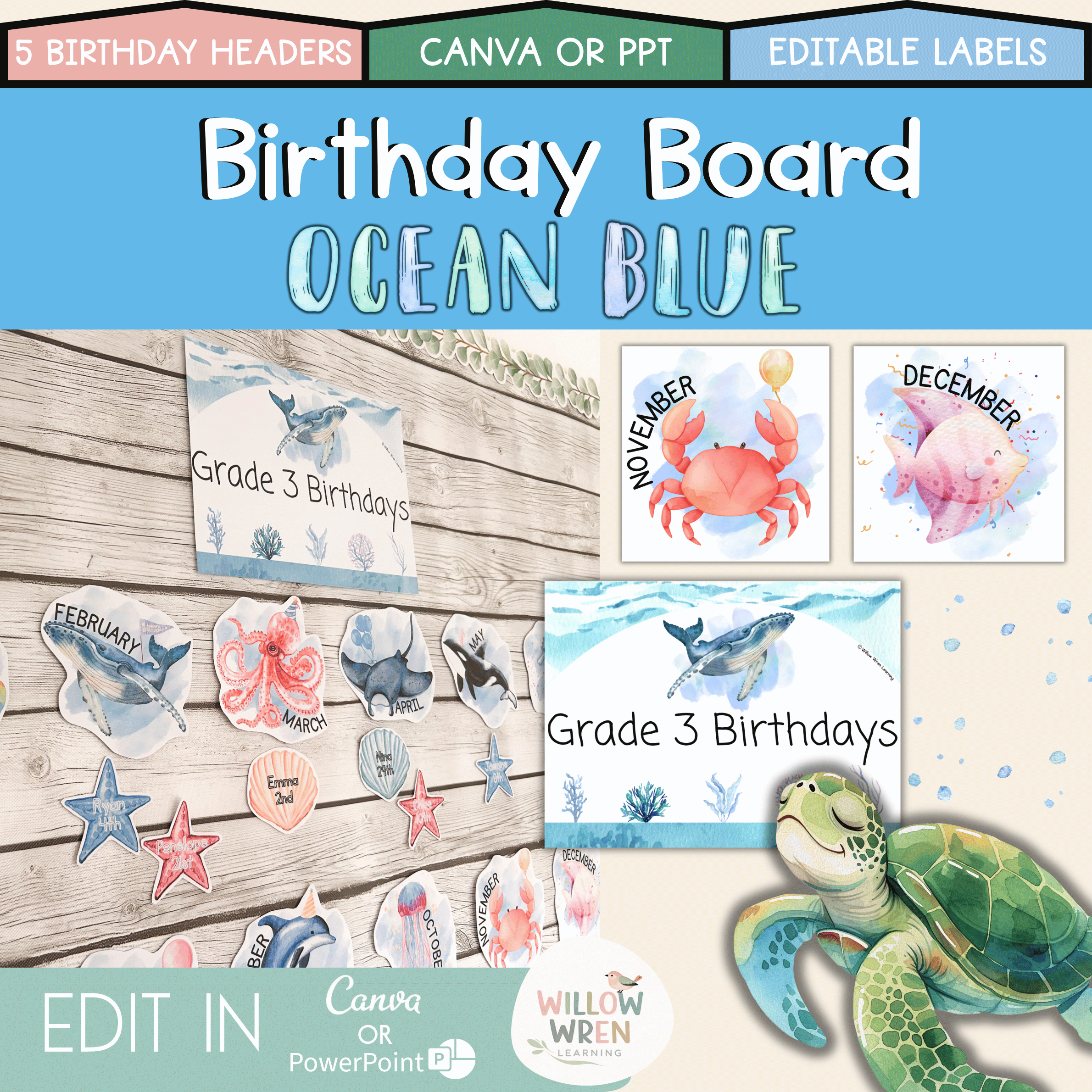 Ocean Blue Birthday Board | Editable Birthday Pack Decor Sea Creatures