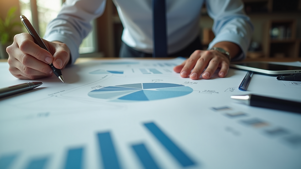 Close-up view of a person organizing financial documents on a desk