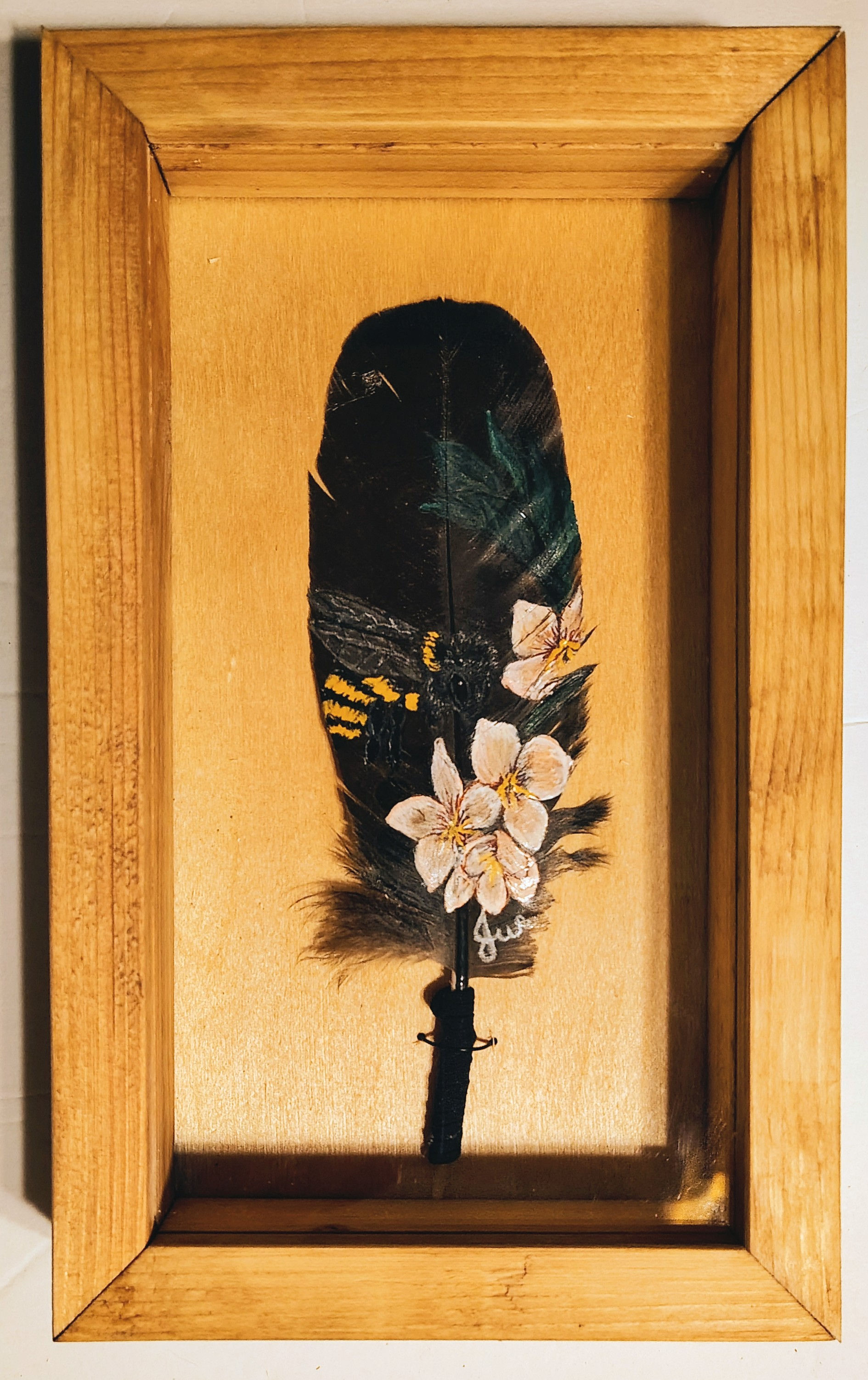 Hand-Painted Feather Set- " Cherry Blossoms and Bee"