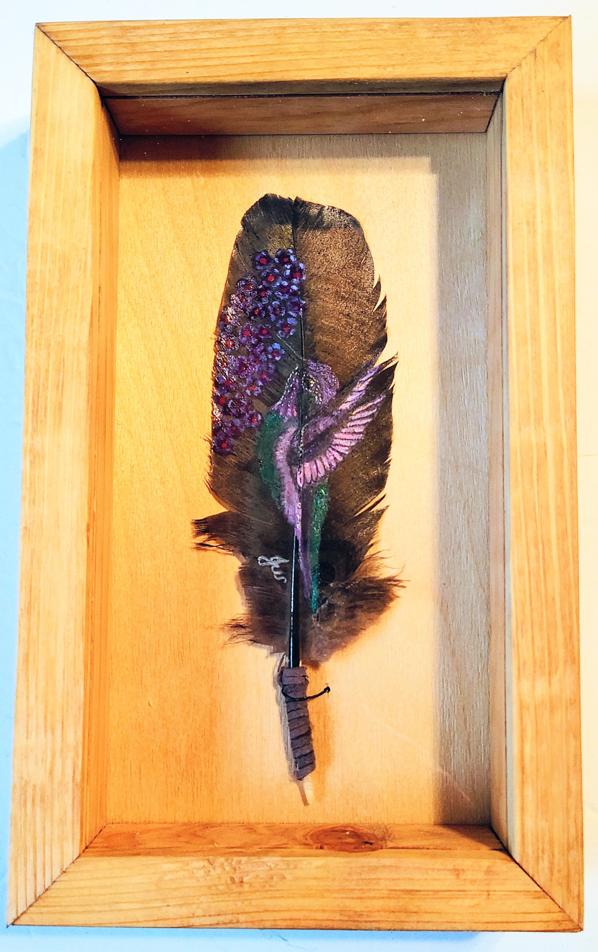 Hand-Painted Feather Set- " Purple Hummingbird with Lilacs" "