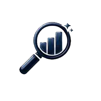 Analytics growth icon with magnifying glass and bar chart.