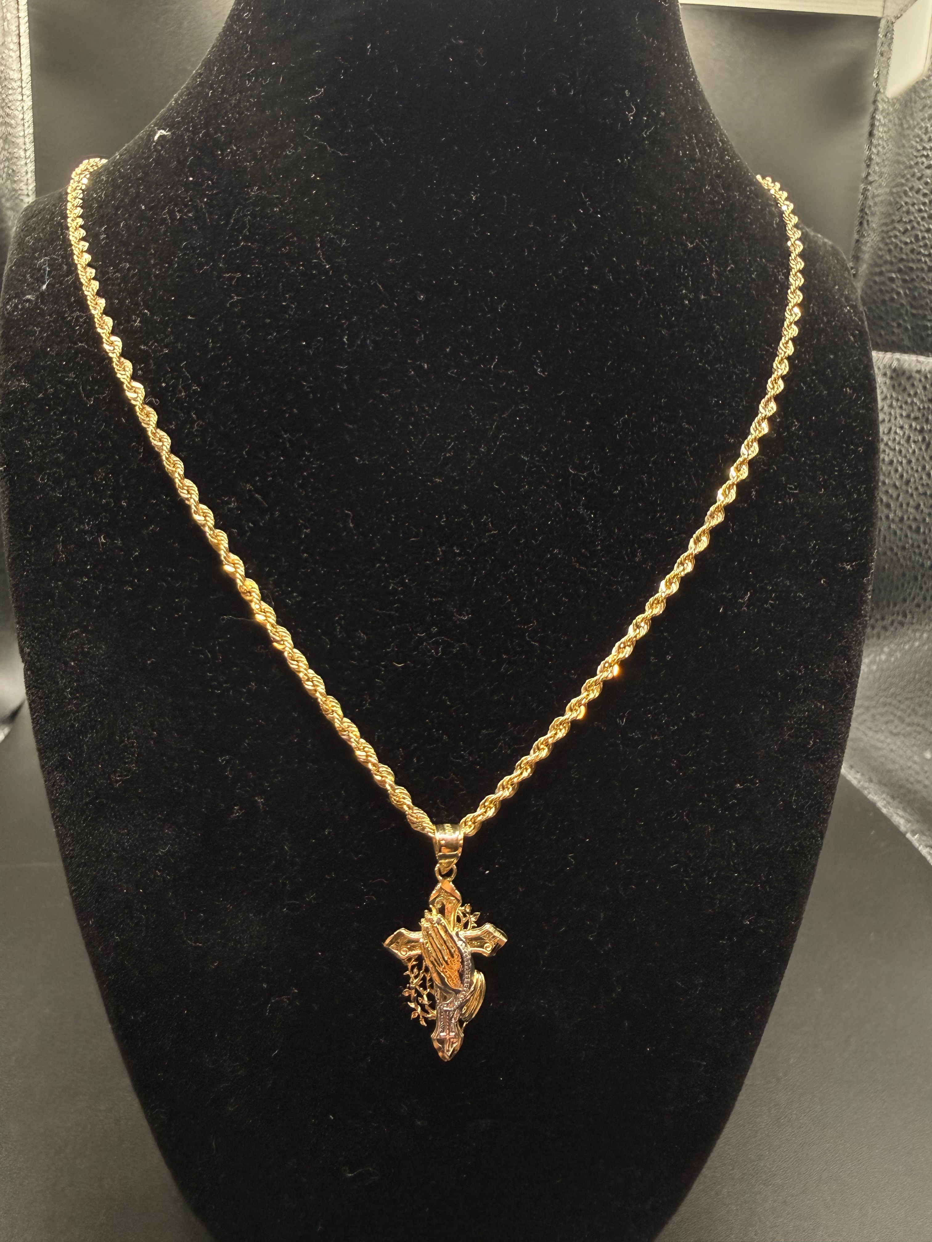 Praying hands cross & rope necklace 10k