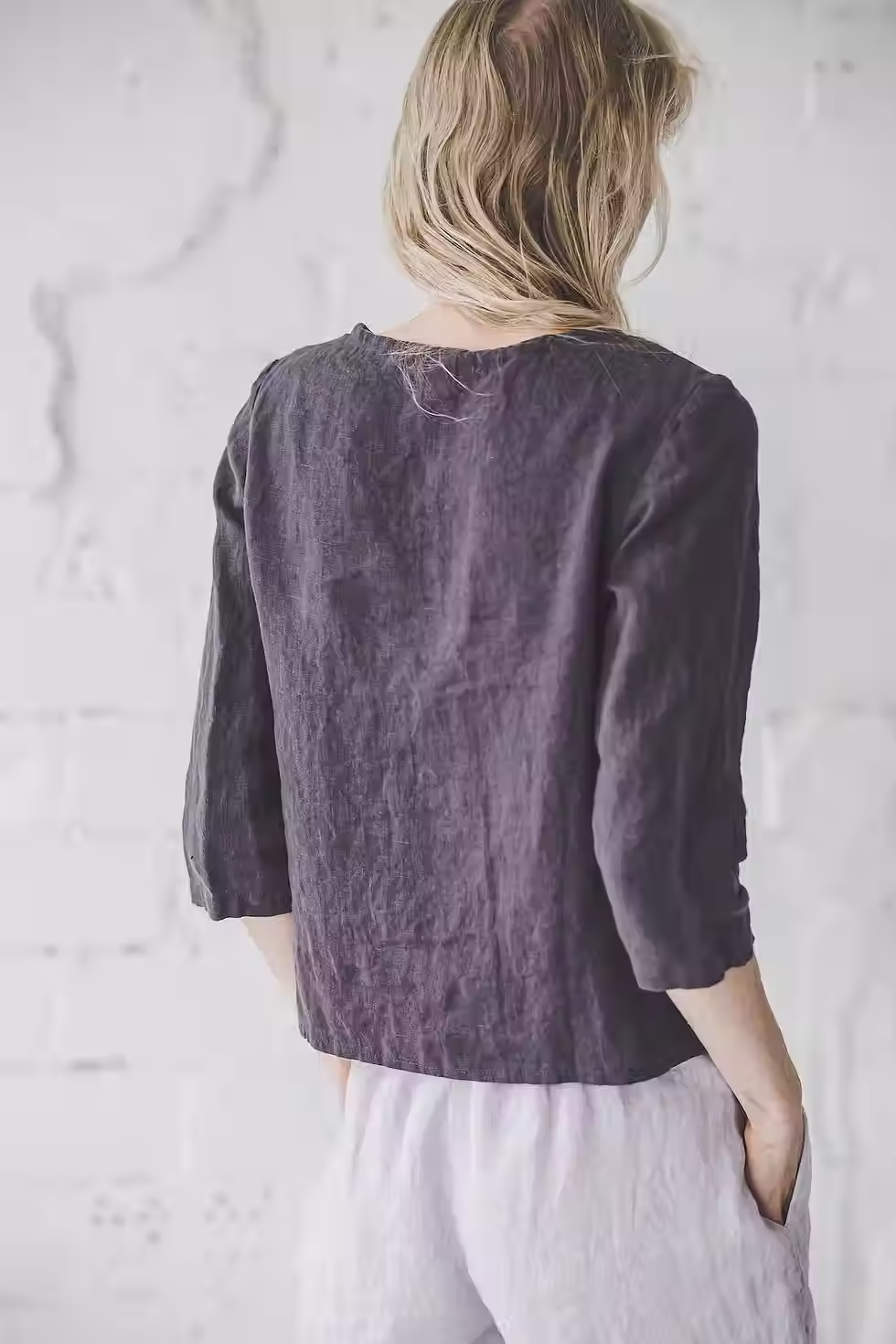 Thumbnail: Classic Women's Linen Blouse with 3/4 Sleeves and Round Neck