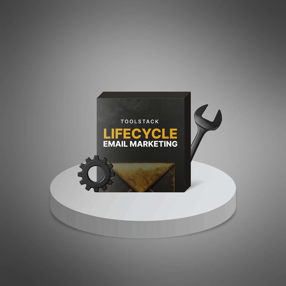 Thumbnail: Close-up of Lifecycle Email Marketing Toolstack digital product box with bold title on black and gold design