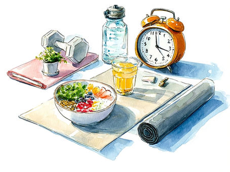 Healthy breakfast with dumbbells, yoga mat, water bottle, and alarm clock illustration