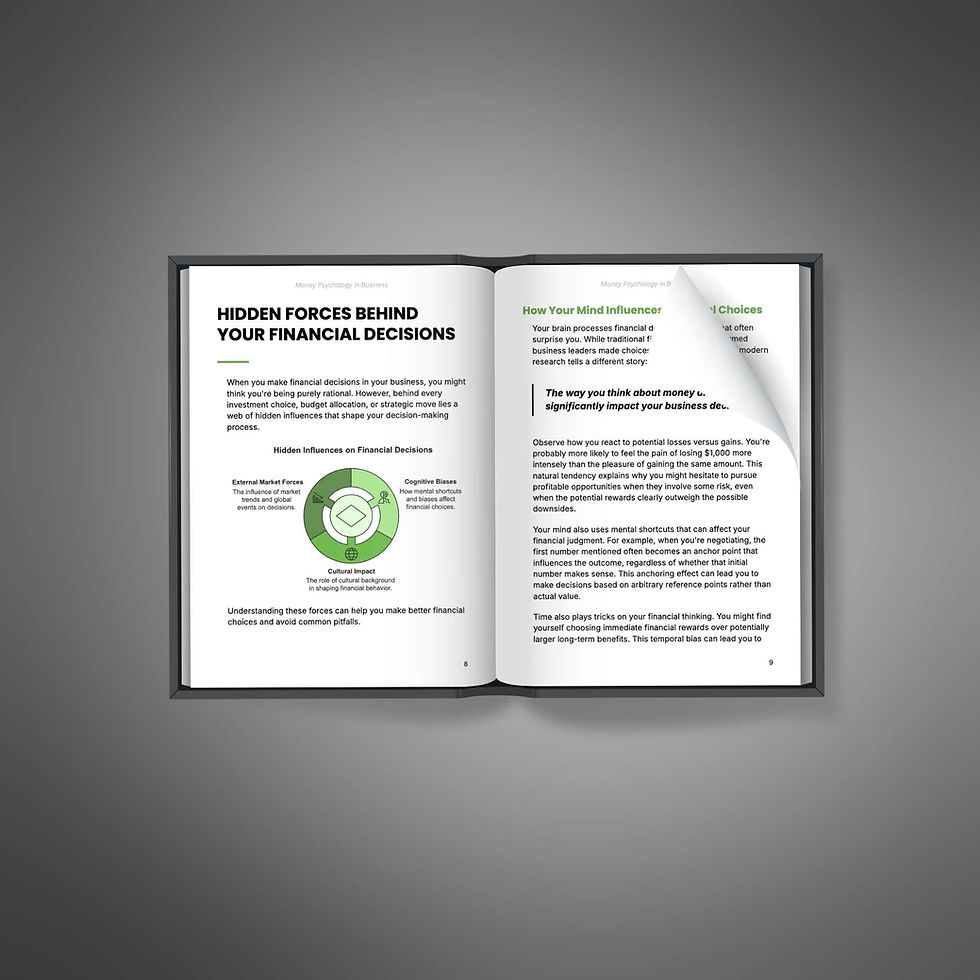 Sample pages from Money Psychology in Business eBook showing financial behavior insights and case studies.