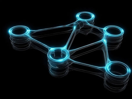 Glowing interconnected digital nodes forming a structured network system on a black background.
