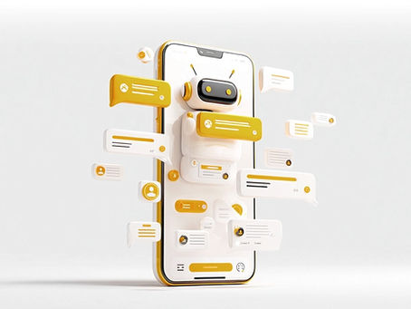 3D AI sales bot assistant on a smartphone screen with yellow and white message bubbles.