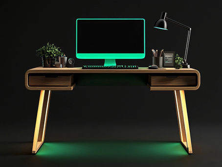 Minimalist desk workspace with monitor, desk lamp, plants, and clean layout for focused work