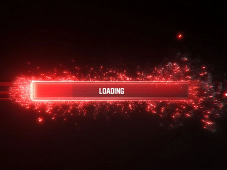 Red futuristic “Loading” progress bar exploding with digital particles on a dark background, symbolizing progress, transformation, and the shift to AI-powered workflows.