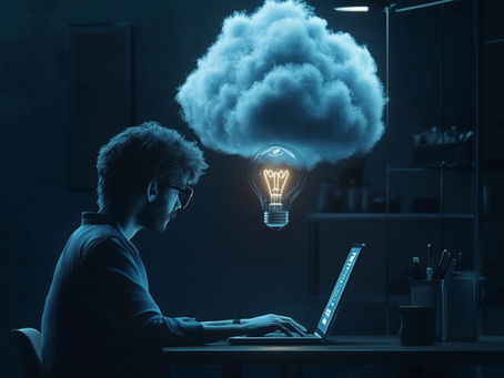 Professional working on a laptop with an idea represented by a light bulb emerging from a cloud