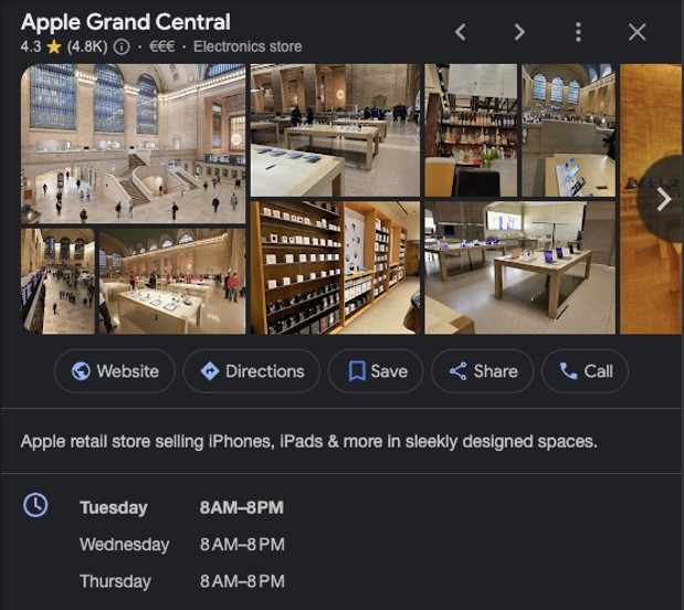 Google Business Profile example showing Apple Grand Central photos, reviews, hours, and contact options.