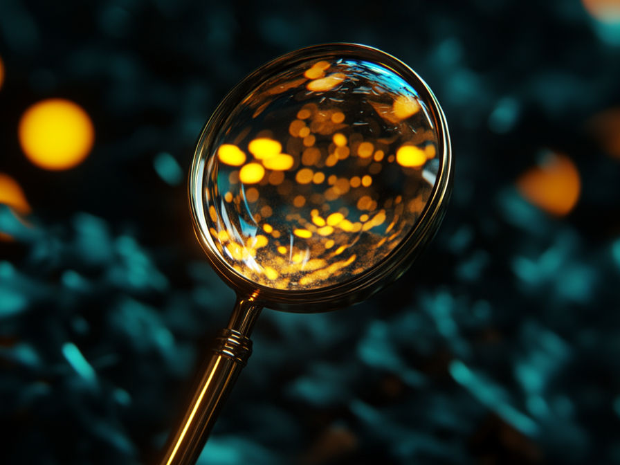 Close-up of a magnifying glass reflecting glowing golden lights against a dark teal background, symbolizing investigation, analysis, and data transparency.