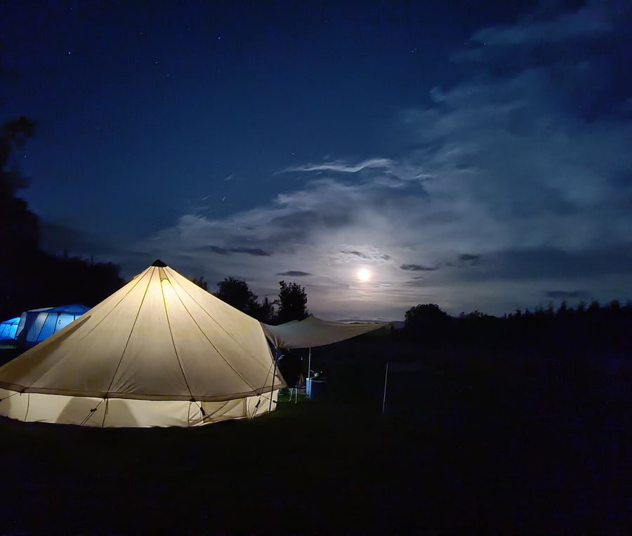 Moon lit sky over the camping meadow with a bell tent at Top of the Woods.  A unique nature based holiday retreat offering luxury glamping and eco camping in Pembrokeshire Wales. One of the best dog friendly sites for slow travel and wild escapes in the UK