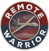 Remote Warrior logo red and blue with drone in the middle