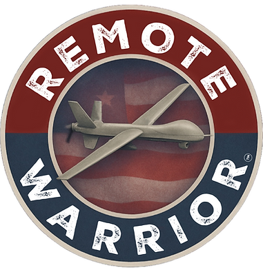 Remote Warrior logo red and blue with drone in the middle
