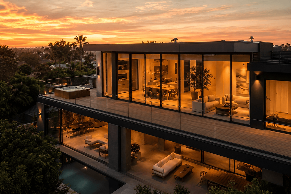 Modern short-term rental property at sunset