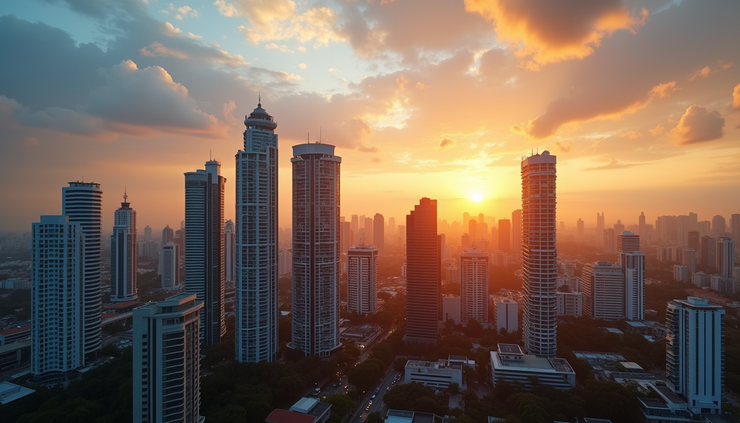 Panoramic view ng BGC kasama ang mga modernong skyscraper sa dapit-hapon.
