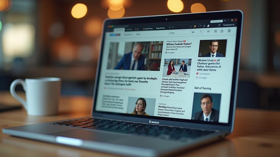 Eye-level view of a laptop screen showing bilingual news articles