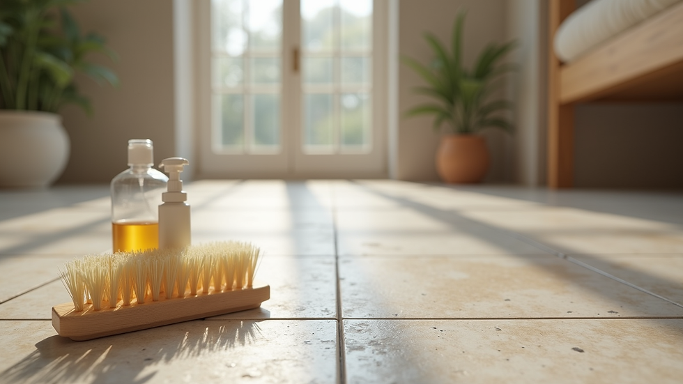 Eye-level view of natural stone floor with soft-bristle brush and cleaning supplies