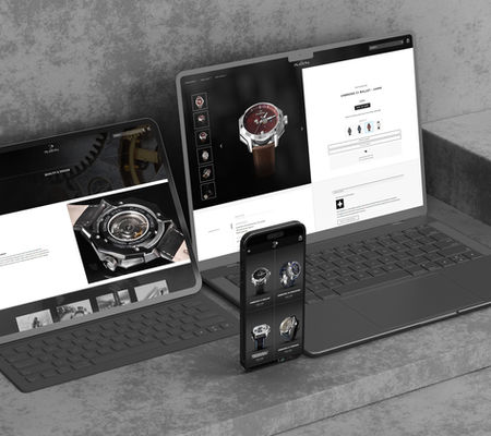 dark black web design mockup desktop, tablet and mobile watches online shop