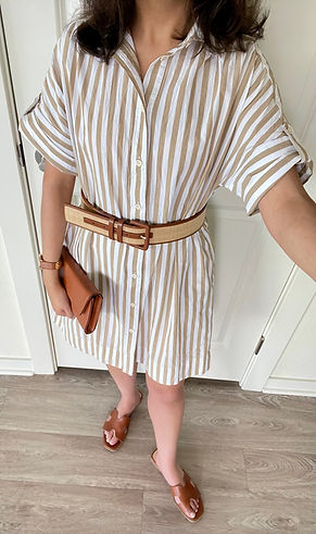 Striped shirt dress, tan raffia belt, tan clutch, tan sandals, gold watch